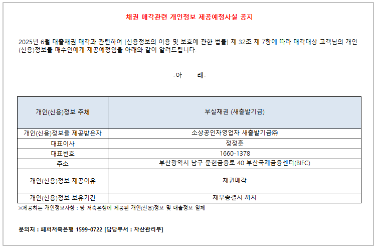 
    채권 매각관련 개인정보 제공예정사실 공지. 2025년 6월 대출채권 매각과 관련하여 「신용정보의 이용 및 보호에 관한 법률」 제32조 제7항에 따라 매각대상 고객님의 개인(신용)정보를 매수인에게 제공 예정임을 안내.     개인(신용)정보 주체:
    부실채권(채출발기금).     개인(신용)정보를 제공받는 자:
    소상공인자영업자 채출발기금㈜.     대표이사:
    정정훈.     대표번호:
    1660-1378.     주소:
    부산광역시 남구 문현금융로 40 부산국제금융센터(BIFC).     개인(신용)정보 제공이유: 채권매각.
    개인(신용)정보 보유기간: 채무종결시까지.     제공되는 개인정보 항목:
    당 저축은행에 제공된 개인(신용)정보 및 대출관련 일체.     문의처:
    페퍼저축은행 1599-0722, 담당부서 자산관리부. 